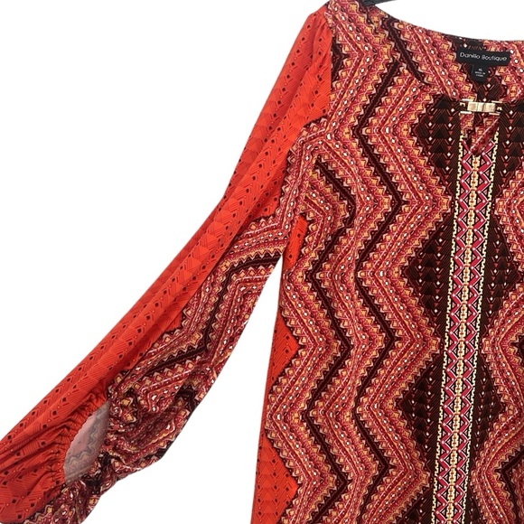 Danillio Boutique Red Orange Aztec Print Longsleeved Dress - Picture 5 of 10